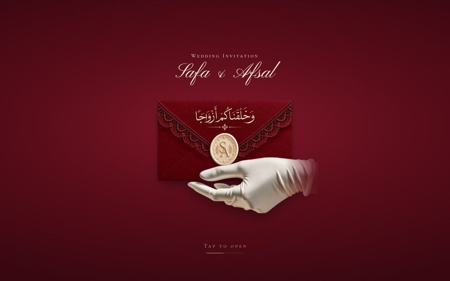 Safa and Afsal wedding invitation: a sealed burgundy envelope held by a gloved hand, with Tap to open
